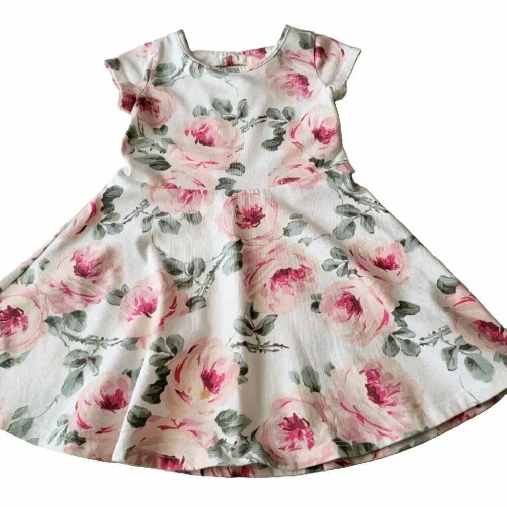 The Children's Place Floral Skaters Dress Short Sleeves Pink Green Sz 4T